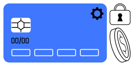 Blue credit card with a security chip, settings gear, lock, and coin. Ideal for online transactions,...