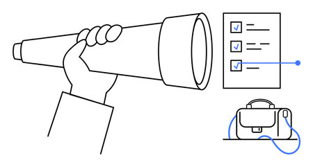 Hand holding a telescope, checking task list with blue check marks, alongside a business briefcase....