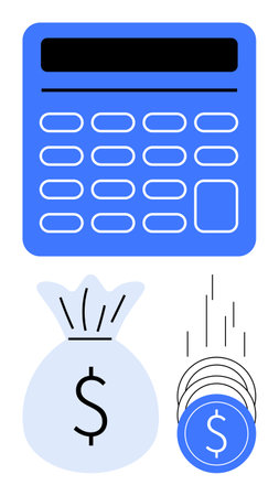 Blue calculator, money bag, and falling coins representing financial management, budgeting, and savings. Ideal for financial planning, accounting, investment, money management cost analysisのイラスト素材