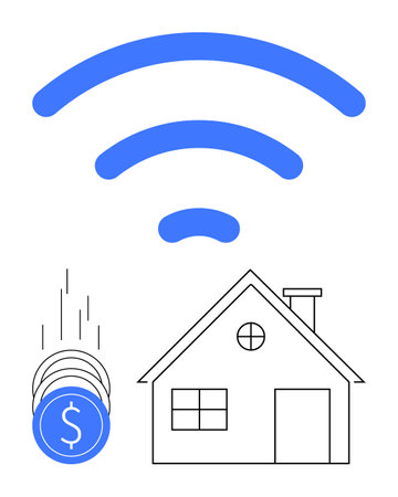 wireless symbol above a house with coins dropping, indicating connectivity, smart home technology, and financial growth. Ideal for home automation, IoT, financial savings, smart investments, realのイラスト素材