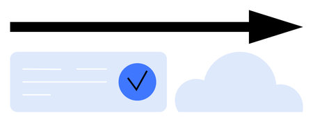 Black arrow pointing right over text with blue check mark heading towards cloud. Ideal for data transfer, network migration, cloud computing, digital security, data validation, progress trackingのイラスト素材