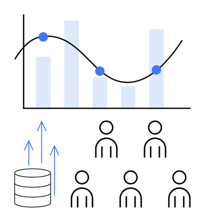 Graph with rising and falling data points, bar chart, database with upward arrows, six people icons. Ideal for data analysis, business growth, statistics, market research, audience insightsのイラスト素材