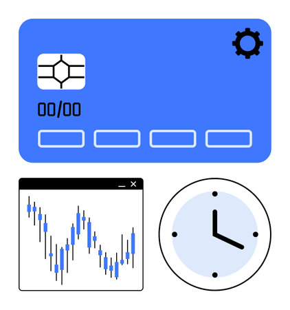 Credit card with gear icon, stock market chart displaying trends, and clock indicating time. Ideal for finance, banking, stock market, investments, time management, business strategy and fintechのイラスト素材