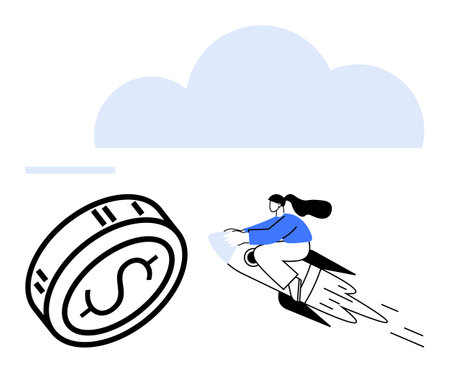 Woman riding a rocket towards a large dollar coin with a cloud in the background. Ideal for finance, investment, business growth, success, achievement, ambition, motivation. Line metaphorのイラスト素材