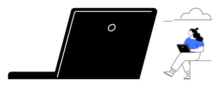 Large laptop with a person working on it, set against a minimalist background with a cloud. Ideal for remote work, productivity, technology, outdoor work, freelancing, digital nomad lifestyle, modernのイラスト素材