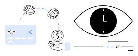 Hand receiving coins from payment card. Eye with clock symbolizing time. Ideal for finance, banking, mobile payments, financial planning, savings, digital currency, time management. Line metaphorのイラスト素材
