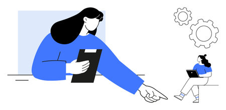 Large woman holds clipboard while pointing at small woman sitting with laptop next to gears. Ideal for teamwork, leadership, guidance, project management, workflow optimization, strategic planningのイラスト素材