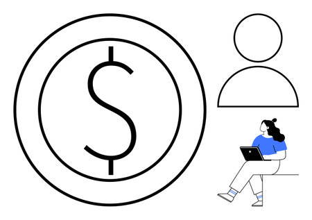 Dollar symbol inside a circle, user profile icon, and a person using a laptop. Ideal for finance, business, user login, online services, technology, education, remote work themes. Line metaphorのイラスト素材