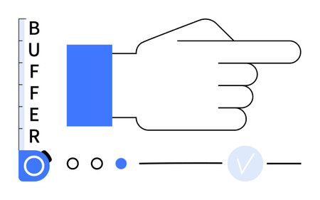 Hand pointing right, vertical gauge with BUFFER, circular control knob, three small circles, and checkmark. Ideal for technology, productivity, settings, control UIUX design performanceのイラスト素材