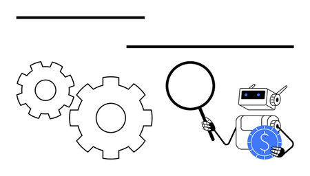 Robot holds a magnifying glass and blue dollar coin beside two gears. Ideal for automation, finance, technology, AI, machine learning, business efficiency, problem-solving concepts. Line metaphorのイラスト素材