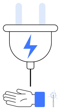 Power plug with a lightning bolt symbol, a hand gesture below and a small windmill. Ideal for renewable energy, sustainable technology, green power, innovation, clean energy, digital transformationのイラスト素材