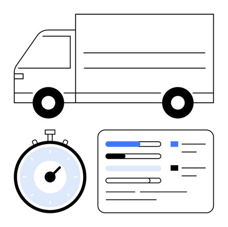 Delivery truck stopwatch task list with progress bars, lines and boxes. Ideal for delivery services, logistics, time management, punctuality, supply chain efficiency, and deadlines. Line metaphorのイラスト素材
