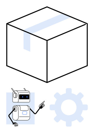 Giant cube with tape, futuristic robot pointing towards the white gear icon. Ideal for technology, automation, robotics, packaging, innovation, smart solutions, futuristic designs. Line metaphorのイラスト素材