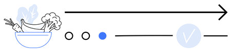 Fruits and vegetables in bowl with arrow, progress dots, and checkmark. Ideal for health, nutrition, diet plans, wellness, progress tracking goal setting. Line metaphorのイラスト素材