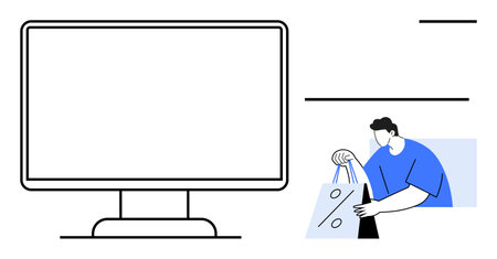 Desktop monitor next to a person holding a shopping bag with discount markers. Ideal for e-commerce, online shopping, digital retail, discounts, sales, marketing strategies, web interfaces. Lineのイラスト素材