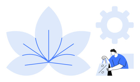 Large abstract flower, cogwheel, and person shopping with bags. Ideal for e-commerce, technology, nature, environment, business innovation lifestyle. Line metaphorのイラスト素材