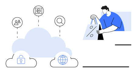 Cloud with connected icons for users, video, search, lock, and globe man holding shopping bag with discount symbol. Ideal for e-commerce, cloud storage, data security, global connectivity onlineのイラスト素材