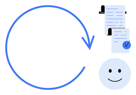 Blue circular arrow symbol, checklist with a checkmark, and smiling face on white background. Ideal for project management, task completion, feedback, productivity, and positive outcomes. Simpleのイラスト素材
