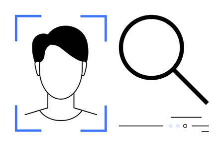 Outline head with blue frame next to magnifying glass. Ideal for security, technology, privacy, surveillance, identity verification, digital forensics, and AI applications. Line metaphorのイラスト素材