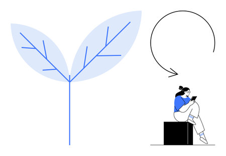 Woman reading tablet while sitting on black block next to minimal plant leaves and circular arrow drawing. Ideal for education, growth, development, focus, metaphor, minimalism, leisure. Lineのイラスト素材