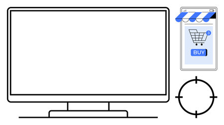 Computer monitor, smartphone with blue striped top, shopping cart symbol, buy button, black target symbol Ideal for e-commerce, online shopping, digital marketing, mobile commerce, retailのイラスト素材