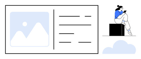 Person seated on a black block, reading on a smart device beside a simplistic interface containing a placeholder image and text lines. Ideal for design, tech, education, publishing, media, lifestyleのイラスト素材