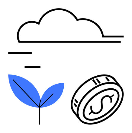 Cloud above blue leaves and a coin representing eco-friendly sustainable growth and financial investments. Ideal for environment, finance, eco-friendly projects, growth strategies, investments, greenのイラスト素材