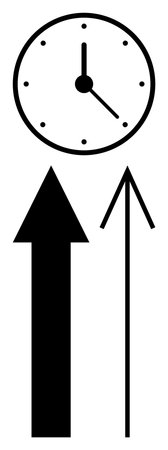 Clock with minute and hour hands, accompanied by one solid and one outline arrow pointing upward. Ideal for concepts related to productivity, progression, time management, efficiency, deadlinesのイラスト素材