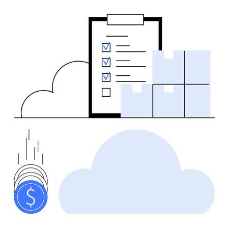 Clipboard with checklist, stacked boxes, and falling coins signifying efficient inventory management. Ideal for logistics, ecommerce, warehouse management, financial planning, supply chainのイラスト素材