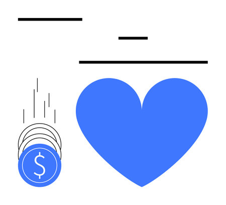 Blue heart and falling coins represent financial giving or charity. Ideal for fundraising, non-profits, donations, financial support, charitable giving, love for money, crowdfunding. Line metaphorのイラスト素材