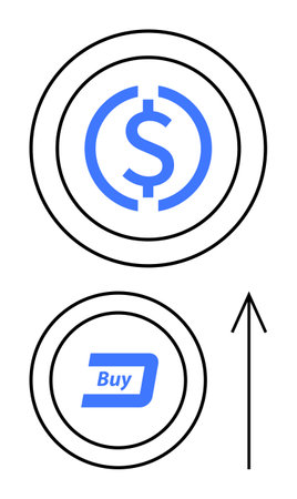 Dollar sign within a circle above a buy button, indicating cryptocurrency purchase. Ideal for fintech, investments, trading platforms, digital wallets, financial education, e-commerce, and onlineのイラスト素材
