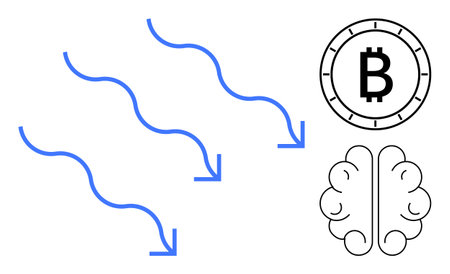 Blue wavy arrows pointing downwards, a Bitcoin symbol, and a brain outline. Ideal for technology, innovation, cryptocurrency, finance, AI, future concepts, and cognitive science. Line metaphorのイラスト素材