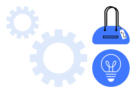 Gears in motion beside a blue handbag and light bulb icon. Ideal for themes of innovation, retail, teamwork, problem-solving, technology, shopping, and bright ideas. Line metaphorのイラスト素材