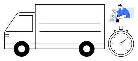 White delivery truck, stopwatch, and worker with package in hand. Ideal for logistics, shipping, delivery services, time management, e-commerce supply chain and efficiency. Line metaphorのイラスト素材