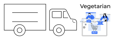 Delivery truck next to online shopping screen, people browsing vegetarian items, Vegetarian text. Ideal for e-commerce, online shopping, delivery services, vegetarian food, logistics, marketingのイラスト素材