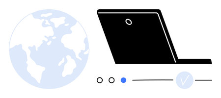 Laptop beside a globe with progress indicators demonstrating global connectivity and technological advancement. Ideal for technology, global business, communication, travel, remote work, onlineのイラスト素材