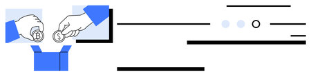 Business hands placing dollar and bitcoin coins into box. Ideal for digital currency, investment, savings, finance, crowdfunding, donations, and fintech presentations. Line metaphorのイラスト素材