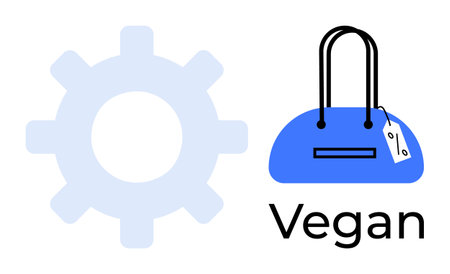 Gear icon beside blue handbag labeled Vegan. Ideal for fashion, sustainability, lifestyle, eco-consciousness, vegan products, retail, marketing. Line metaphorのイラスト素材