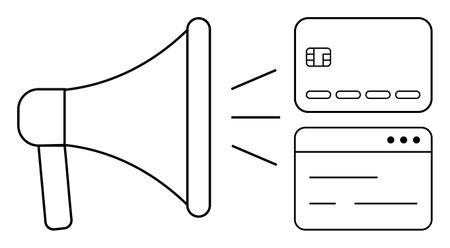 Megaphone projecting credit card and web page icons, symbolizing online marketing, e-commerce, digital advertising, financial services, online payment, and web development. Line metaphorのイラスト素材