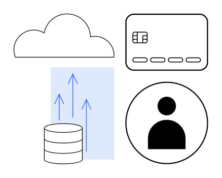 Cloud, credit card, database with upload arrows, and user profile icon. Ideal for cloud services, financial transactions, database management, user accounts, fintech data security and digitalのイラスト素材