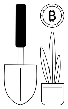 Shovel for digital mining, potted plant representing growth, Bitcoin symbol for cryptocurrency. Ideal for fintech, cryptocurrency, digital investments, technology, economic growth, financialのイラスト素材