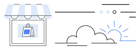 Shop storefront with awning and shopping bag, accompanied by minimal cloud and sunrise. Ideal for business, e-commerce, local shopping, retail marketing, small shop promotion, urban commerceのイラスト素材
