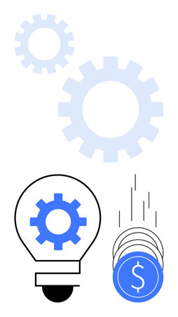 Lightbulb with gear, falling coins, and gears in background symbolizes innovation and financial growth. Ideal for business, economics, technology, finance, startups investments and innovation. Lineのイラスト素材