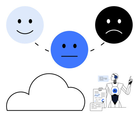 Three emotions represent different emotional states happy, neutral, sad linked above a cloud and an AI robot analyzing documents. Ideal for tech, AI, emotions, data analysis, cloud computingのイラスト素材