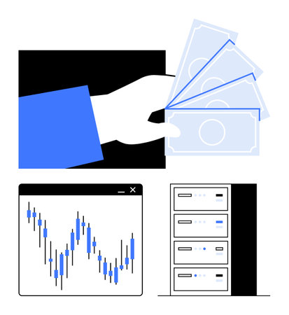 Financial elements including a hand holding cash, stock market graph, and server stack. Ideal for finance, investment, economy, banking, technology data analysis and financial planning. Lineのイラスト素材