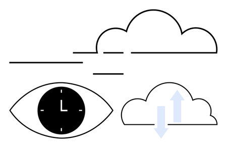 Eye with clock emphasizes time awareness, minimal clouds show weather, arrows suggest movement. Ideal for time management, vision, forecasting, transition, mindfulness, thought process abstract lineのイラスト素材