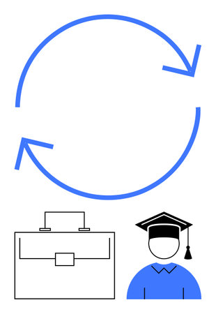 Circular arrows representing cycles and progress, graduate figure symbolizing education, briefcase linked to work. Ideal for concepts of growth, education, career, development, learning, transitionsのイラスト素材