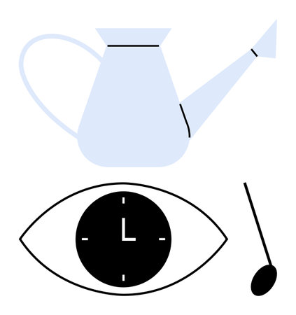 Light blue watering can, black spoon, and an eye with a clock inside. Ideal for time, growth, nurturing, productivity, balance vision mindfulness. Abstract line flat metaphorのイラスト素材