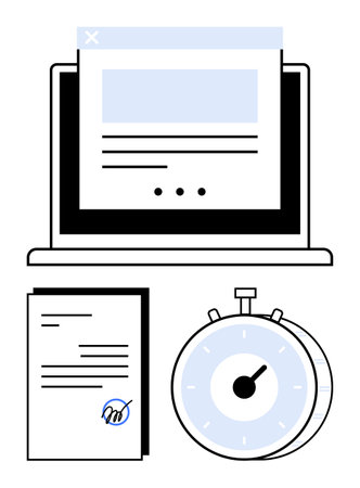 Laptop with webpage, signed document, stopwatch visualizing productivity. Ideal for business operations, efficiency, digital tools, e-signatures, deadlines, task prioritization collaborationのイラスト素材