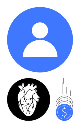 Human user icon, anatomical heart illustration, and falling coins with dollar sign. Ideal for healthcare, finance, medical education, budgeting, investment, anatomy studies and saving strategiesのイラスト素材